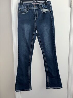 Rebel & Soul blue bootcut jeans white stitching back pocket designs size 6 Y2K
